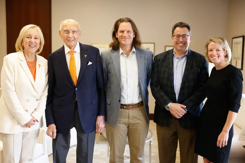 (L to R), UT Knoxville Chancellor Donde Plowman, James A. Haslam II, Charles Sims, TVA Vice President of Enterprise Relations and Innovation Joe Hoagland, Marianne Wanamaker