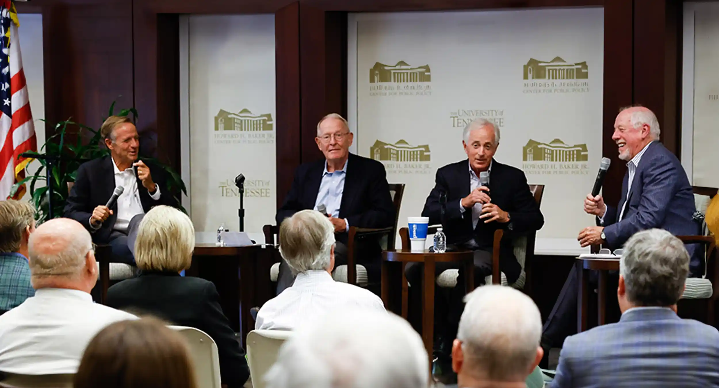 An image of Bill Haslam and Phil Bredesen and guests Lamar Alexander and Bob Corker in their podcast You Might Be Right