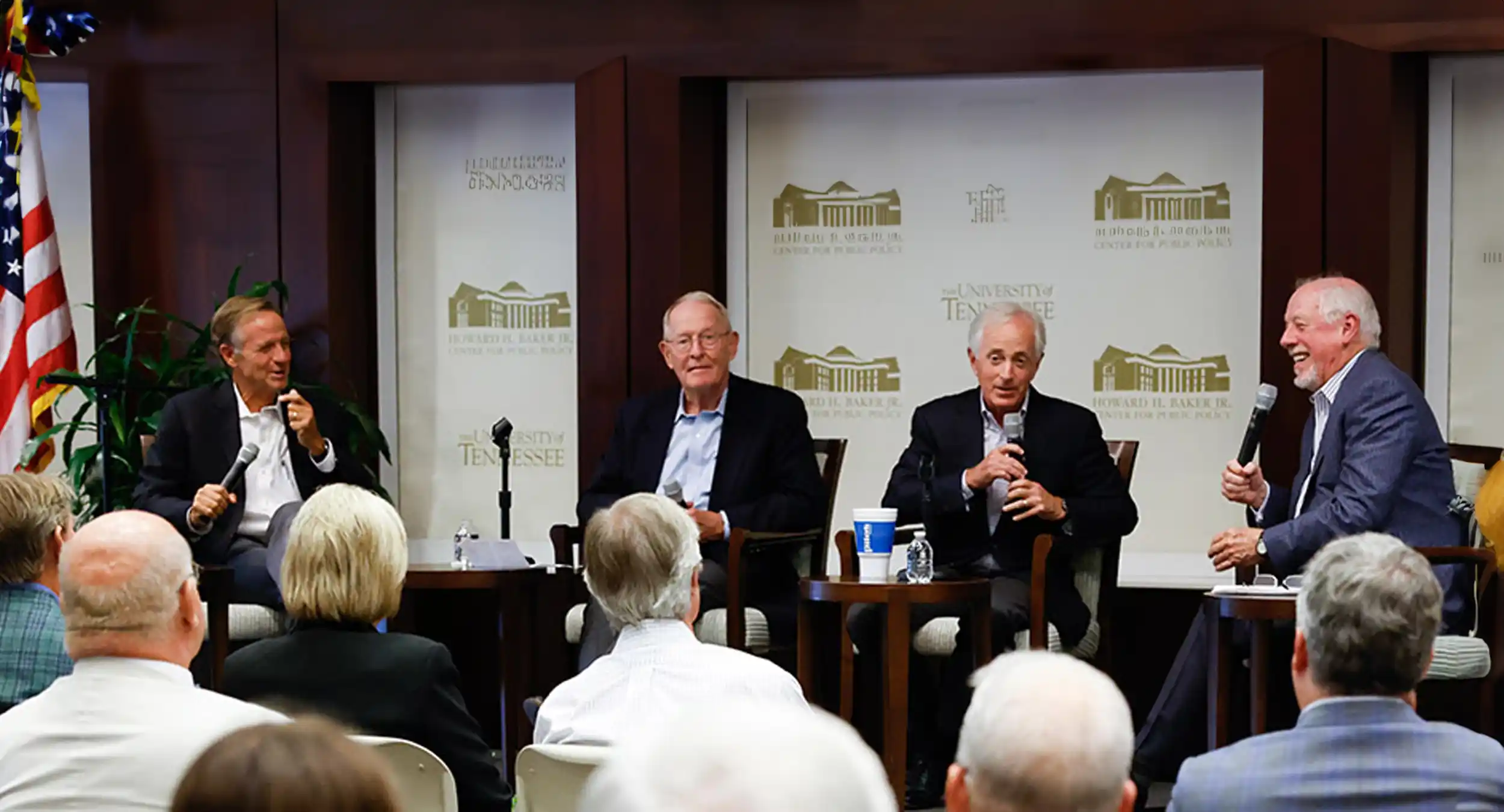 An image of Bill Haslam and Phil Bredesen and guests in their podcast You Might Be Right