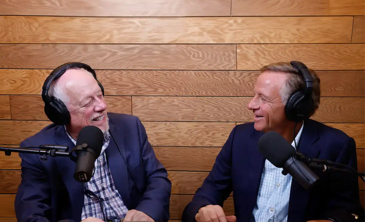 Phil Bredesen and Bill Haslam in a recording studio for their podcast You Might Be Right