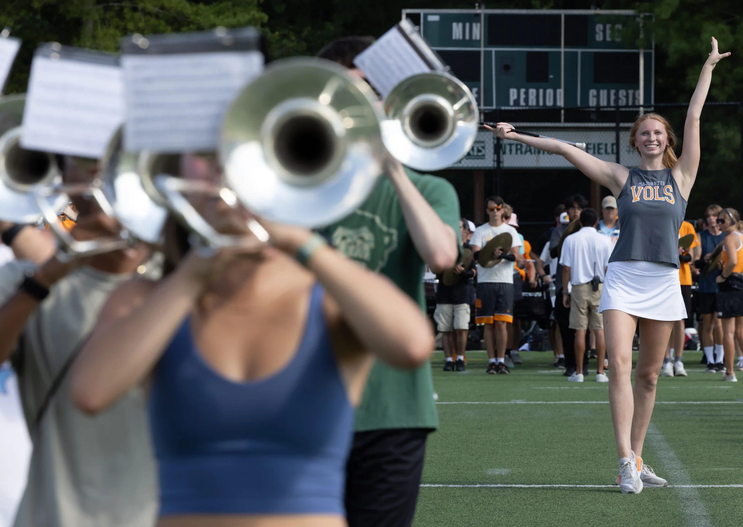 Faith Barrett twirling at Band Practice