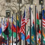 An image of flags at the United Nations