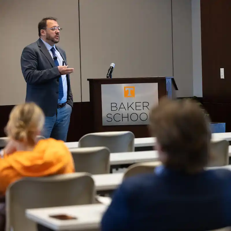 Elis Vllasi presenting at the Baker School to students