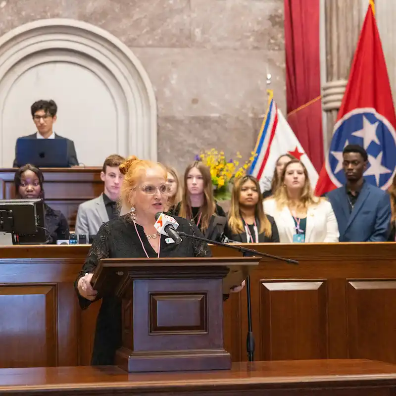 Susan Moriarty speaking at a Youth in Government Conference