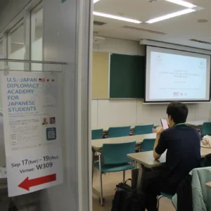 Picture of student in class room at the welcome to U.S. Japan Diplomacy Academy presentation