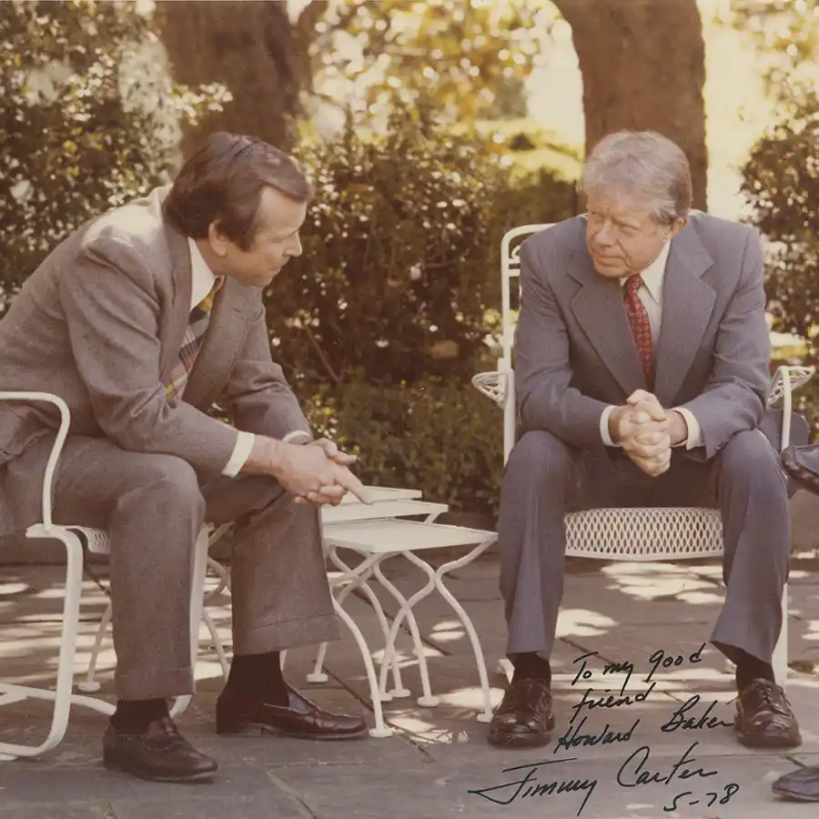 Senator Howard Baker in discussion with President Jimmy Carter in May of 1978.