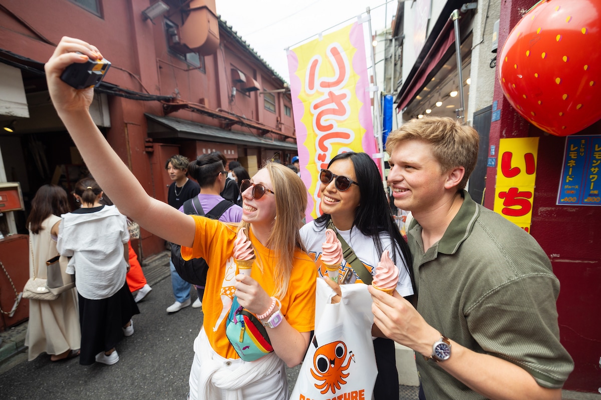 Mary Roark, Josie Rich, and Jack Duncan, with the Howard Baker Center Japan Ambassadors Program, takes a selfie with ice cream during a study abroad trip in Tokyo Japan on June 04, 2023. Photo by Steven Bridges/University of Tennessee. UTK