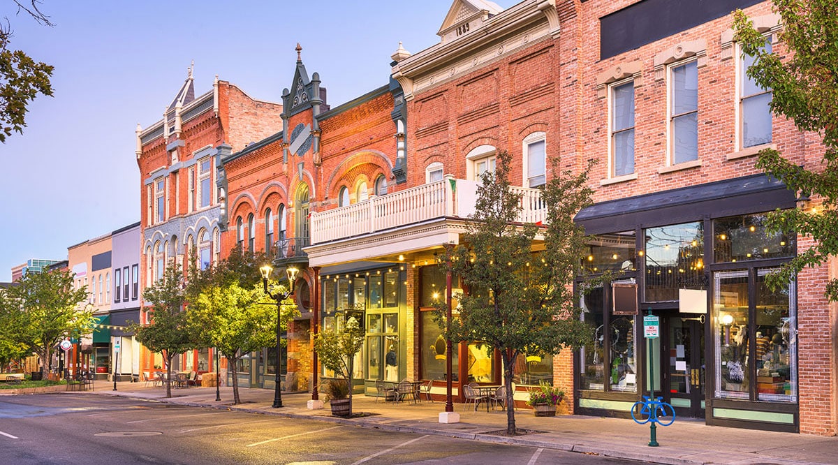 Photo of buildings and shops in a town