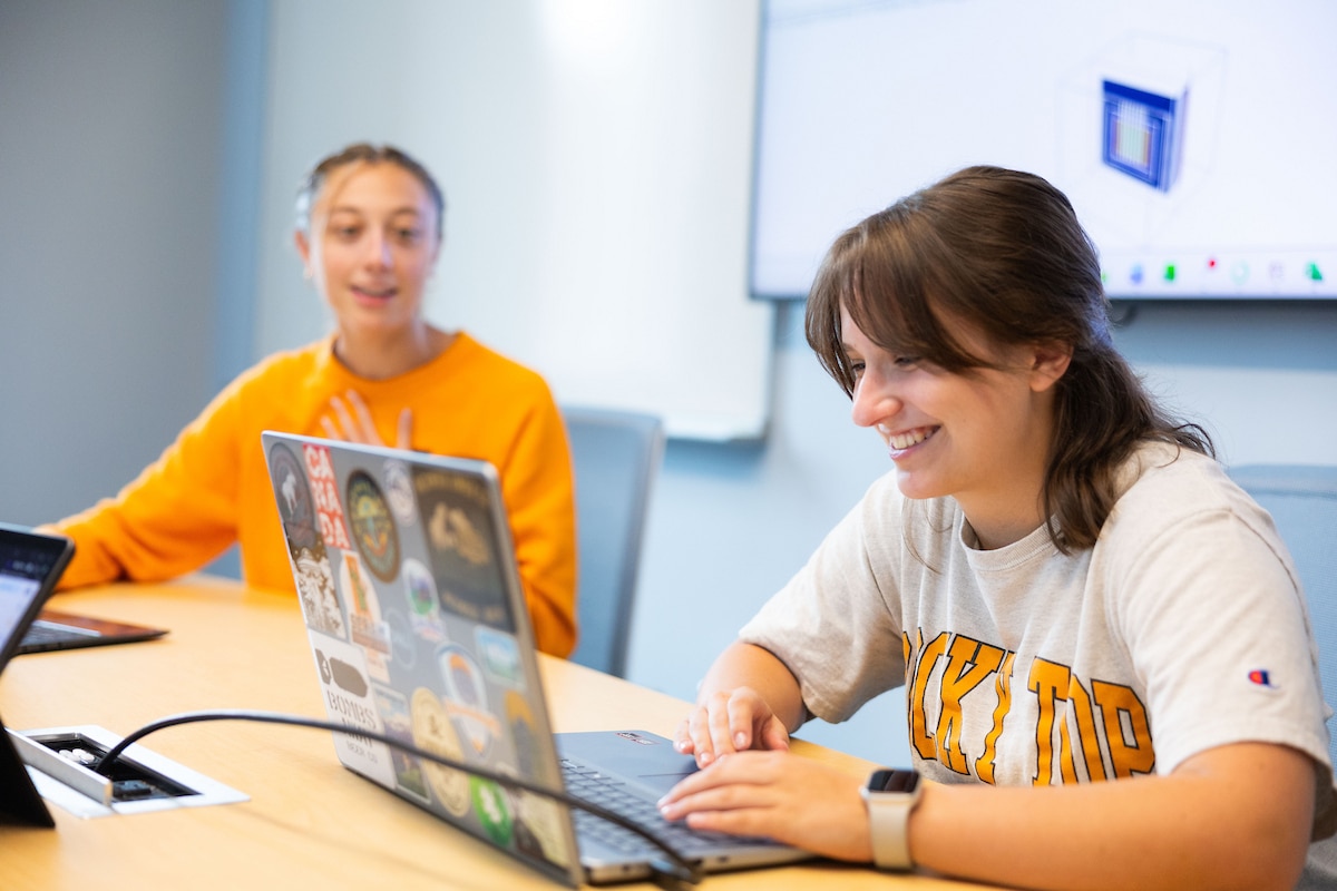 Two individuals are engaged in a collaborative activity at a table, with one smiling while using a laptop adorned with stickers and the other gesturing while seated nearby.