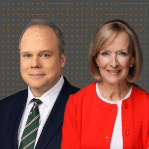 Judy Woodruff and Chris Stirewal featured on the cover of the "You Might Be Right" podcast hosted by Governors Bredesen and Haslam.